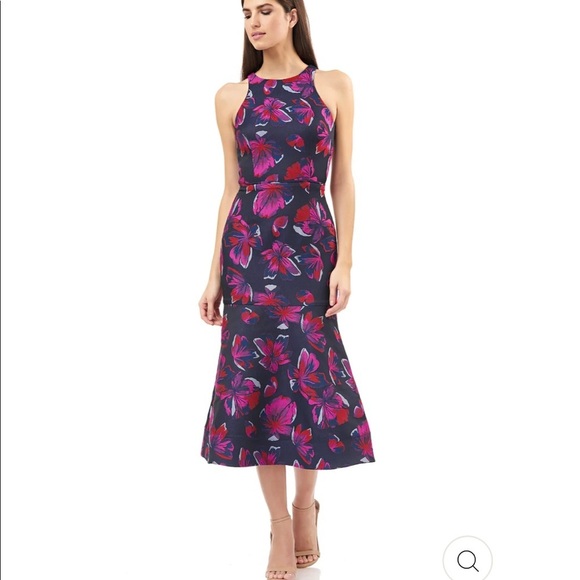 JS COLLECTIONS Jacquard Midi Dress Floral Navy Fuchsia Mermaid Size 6 - Picture 1 of 13